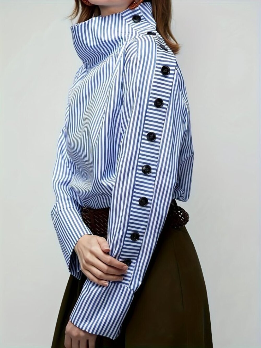 Striped Button Detail Sleeve Mock Neck Blouse